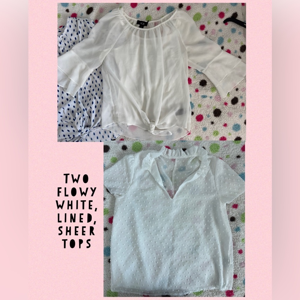 Set of 2 lined Sheer White Blouses 3/4 sleeved with tie, short sleeved Swiss dot